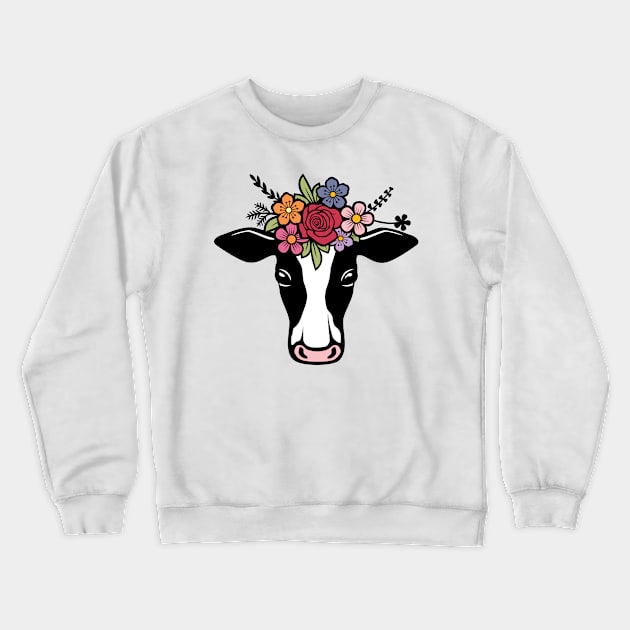 Cow Head With Colorful Flowers Crewneck Sweatshirt by Protshirtdesign